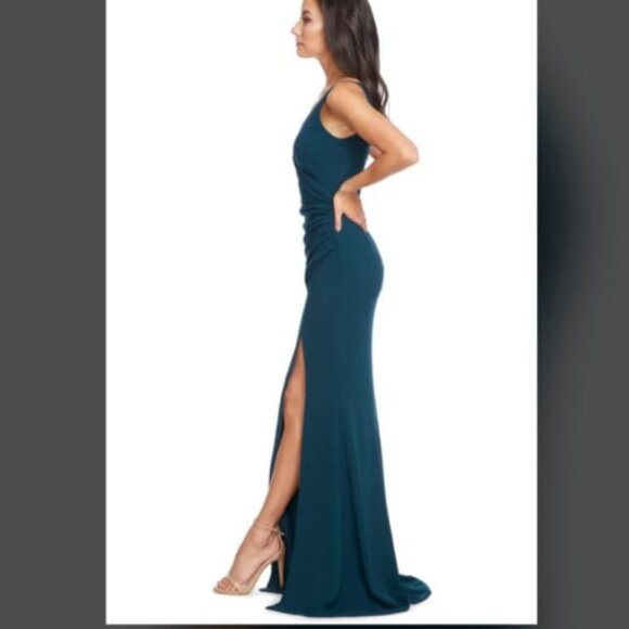DRESS THE POPULATION Jordan Ruched Mermaid Gown Pine XXS MSRP $248.00 NWOT - Picture 2 of 7